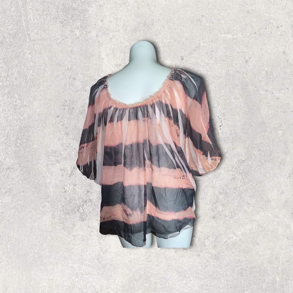 Robin K Sheer Batwing Blouse Pink Black Striped Top Size M Flowy Boho Chic - Picture 5 of 13